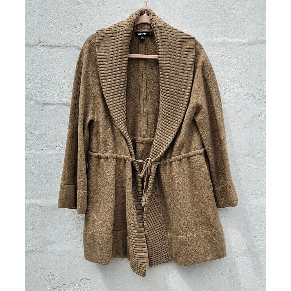 DKNY Jacket Womens Small Tan 100% Wool Open Cardigan Sweater Shacket Minimalist